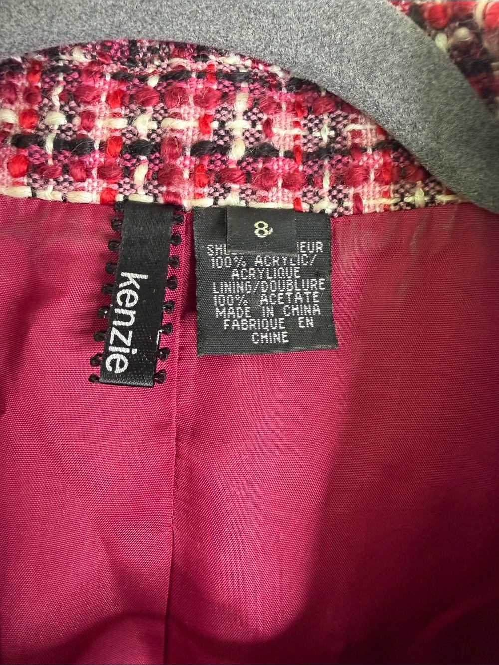 Kenzie Pink And Black Textured Tweed Blazer with Black Velvet Trim. Size 8. - Picture 2 of 7
